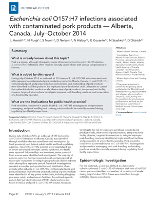 Escherichia coli O157:H7 infections associated with contaminated pork products — Alberta, Canada, July–October 2014