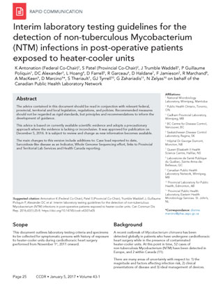 Interim laboratory testing guidelines for the detection of non-tuberculous Mycobacterium (NTM) infections in post-operative patients exposed to heater-cooler units