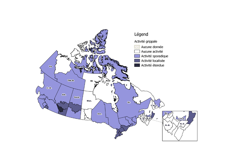 Figure 1: Carte de surveillance de la grippe par province et territoire, Canada, semaine 50