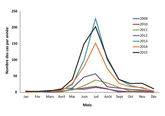 Figure 1 : Mois d’apparition de la maladie de Lyme dans les cas d’infection localement acquis : Canada, de 2009 à 2015 (n = 2 010)