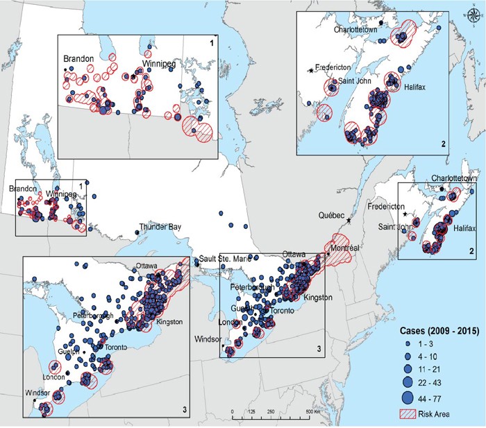 Figure 2: Reported locations of Lyme disease acquisition, Canada, 2009–2015