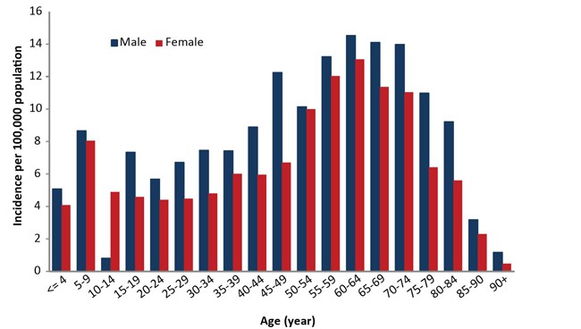Figure 3: Incidence of Lyme disease by age group and sex, Canada 2009–2015 (n=3,004)