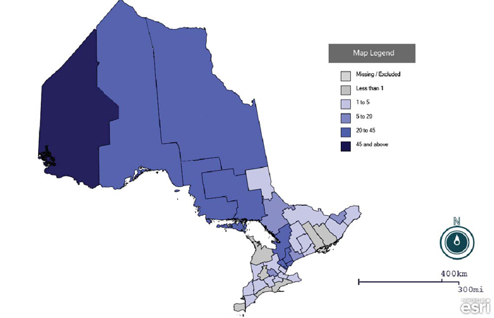 Figure 1: Number of blastomycosis hospitalizations by public health unit, Ontario, 2006–2015 (n=581)
