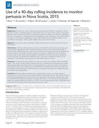 Use of a 40-day rolling incidence to monitor pertussis in Nova Scotia, 2015