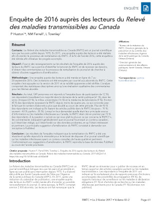 Enquête de 2016 auprès des lecteurs du Relevé des maladies transmissibles au Canada