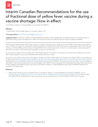Interim Canadian Recommendations for the use of fractional dose of yellow fever vaccine during a vaccine shortage: Now in effect