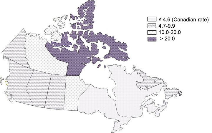 Figure 2: Tuberculosis incidence rate per 100,000 population by province/territory in Canada, 2015