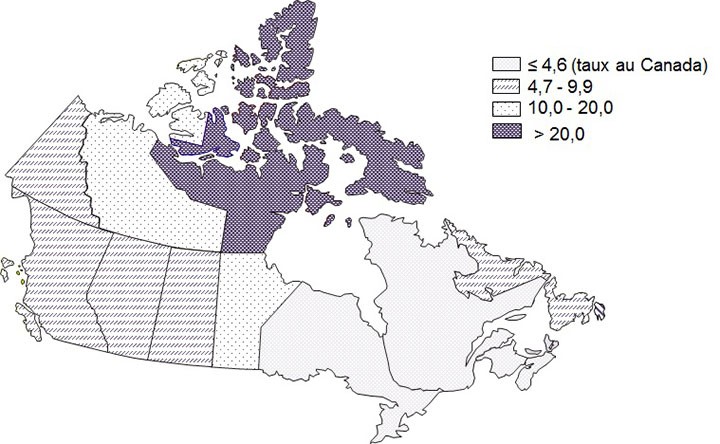 Figure 2 : Taux d'incidence de la tuberculose au Canada en 2015 pour 100 000 habitants, par province ou territoire