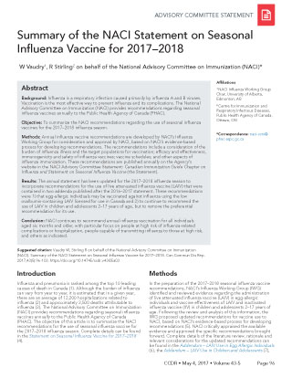 Summary of the NACI Statement on Seasonal Influenza Vaccine for 2017–2018