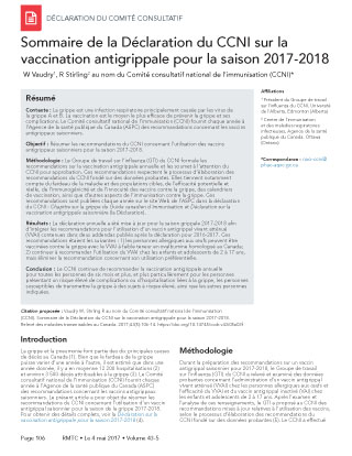 Sommaire de la Déclaration du CCNI sur la vaccination antigrippale pour la saison 2017-2018