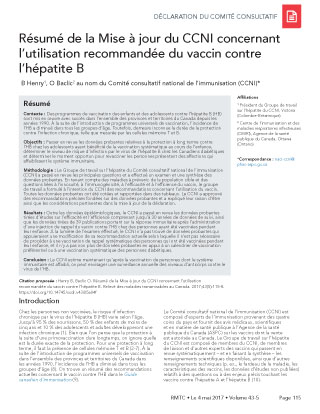 Résumé de la Mise à jour du CCNI concernant l’utilisation recommandée du vaccin contre l’hépatite B