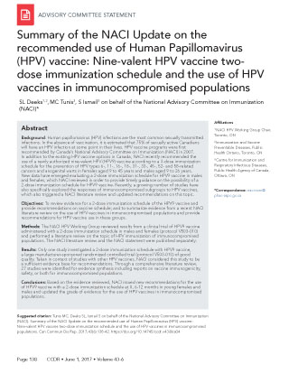 Summary of the NACI Update on the recommended use of Human Papillomavirus (HPV) vaccine: Nine-valent HPV vaccine two-dose immunization schedule and the use of HPV vaccines in immunocompromised populations