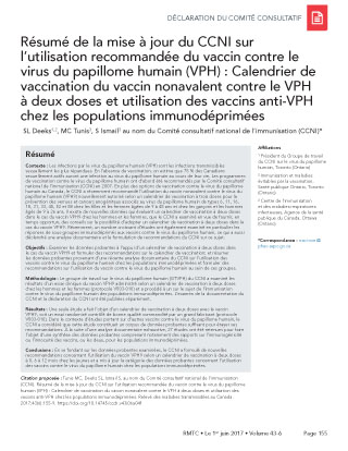 Résumé de la mise à jour du CCNI sur l'utilisation recommandée du vaccin contre le virus du papillome humain (VPH) : Calendrier de vaccination du vaccin nonavalent contre le VPH à deux doses et utilisation des vaccins anti-VPH chez les populations immunodéprimées