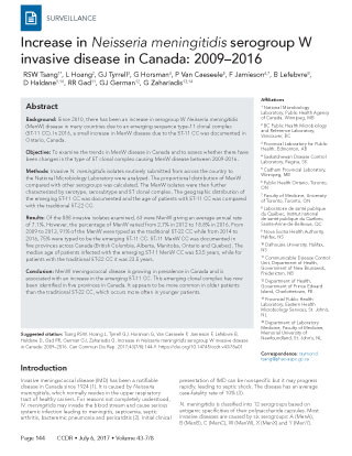 Increase in Neisseria meningitidis serogroup W invasive disease in Canada: 2009–2016