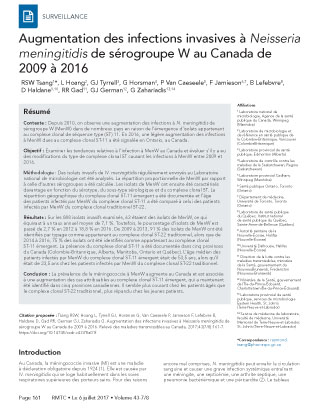 Augmentation des infections invasives à Neisseria meningitidis de sérogroupe W au Canada de 2009 à 2016
