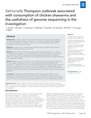 Salmonella Thompson outbreak associated with consumption of chicken shawarma and the usefulness of genome sequencing in the investigation