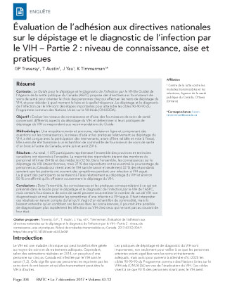 Évaluation de l’adhésion aux directives nationales sur le dépistage et le diagnostic de l’infection par le VIH – Partie 2 : niveau de connaissance, aise et pratiques<