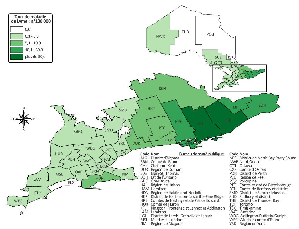 Figure 2 : Taux d'incidence de la maladie de Lyme (pour 100 000 habitants) par bureau de santé publique : Ontario, Canada (2017)