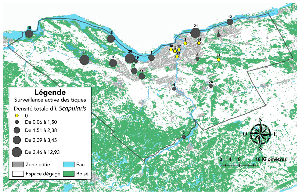 Figure 1 : Carte d’Ottawa illustrant la densité des tiques à travers les sites où les tiques étaient activement surveillés, 2017