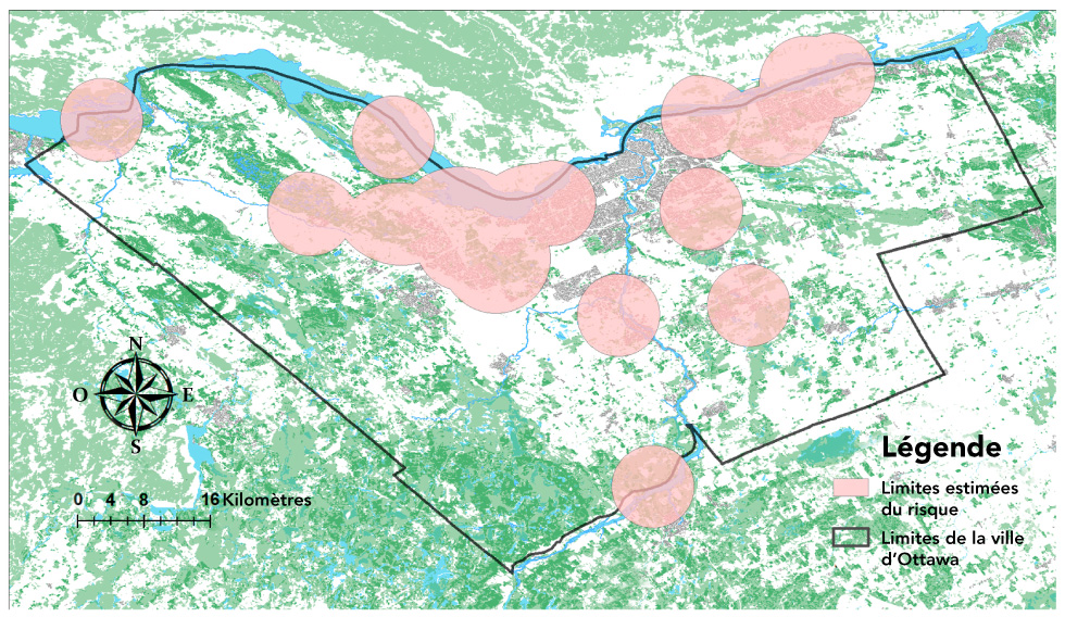 Figure 2 : Carte de l’estimation des zones à risque de la ville d’Ottawa fondée sur la surveillance active des tiques, 2017