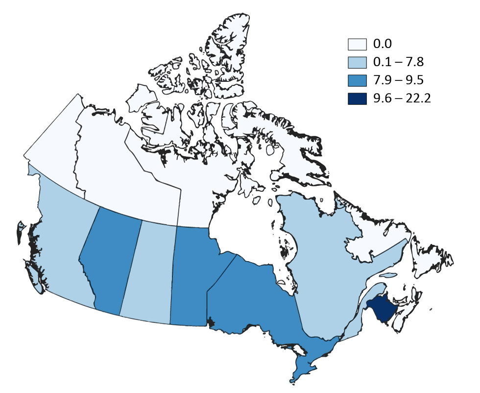 Figure 3. Proportion (%) of isolates demonstrating any anti-TB drug resistance by province/territory, Canada, 2017
