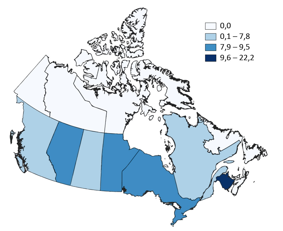 Figure 3 : Proportion (%) d’isolats présentant une résistance à un ou plusieurs antituberculeux selon la province ou le territoire, Canada, 2017