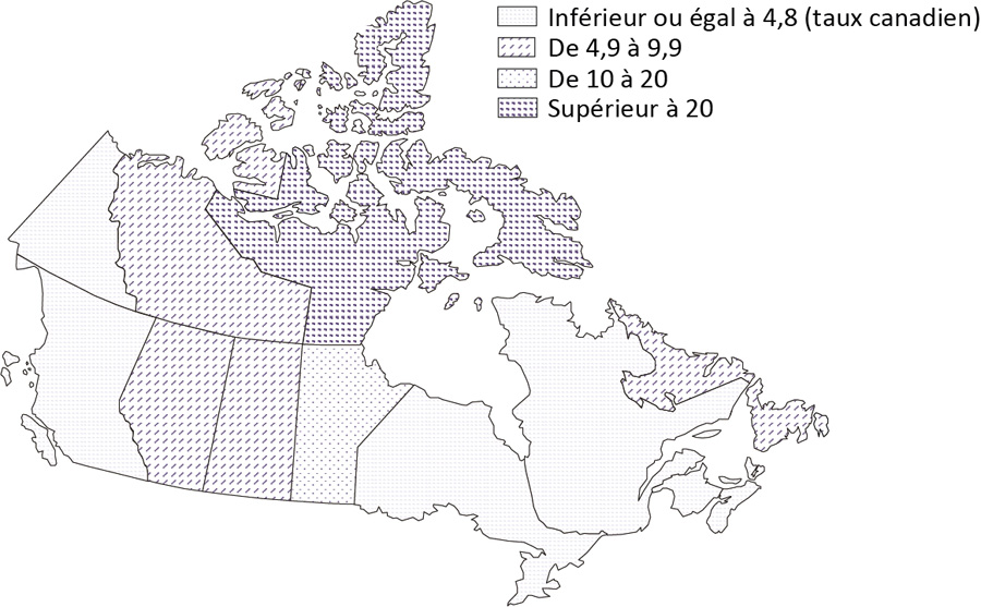 Figure 2 : Taux d'incidence de la tuberculose pour 100 000 habitants, par province et territoire, Canada, 2016