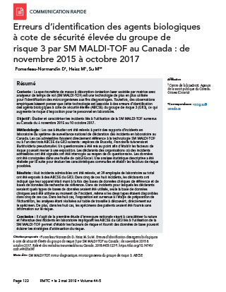 Erreurs d'identification des agents biologiques à cote de sécurité élevée du groupe de risque 3 par SM MALDI-TOF au Canada : de novembre 2015 à octobre 2017