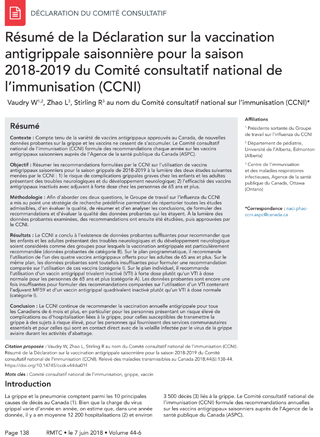 Résumé de la Déclaration sur la vaccination antigrippale saisonnière pour la saison 2018-2019 du Comité consultatif national de l'immunisation (CCNI)