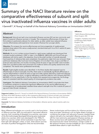 Summary of the NACI literature review on the comparative effectiveness of subunit and split virus inactivated influenza vaccines in older adults