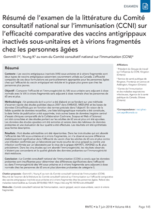 Résumé de l'examen de la littérature du Comité consultatif national sur l'immunisation (CCNI) sur l'efficacité comparative des vaccins antigrippaux inactivés sous-unitaires et à virions fragmentés chez les personnes âgées