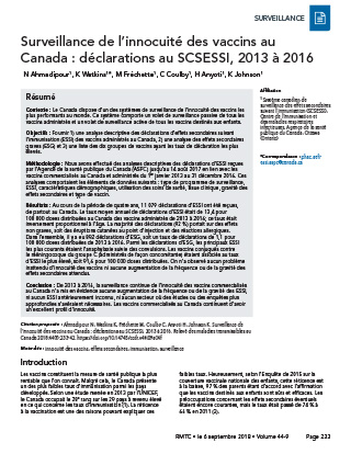 Surveillance de l’innocuité des vaccins au Canada : déclarations au SCSESSI, 2013 à 2016