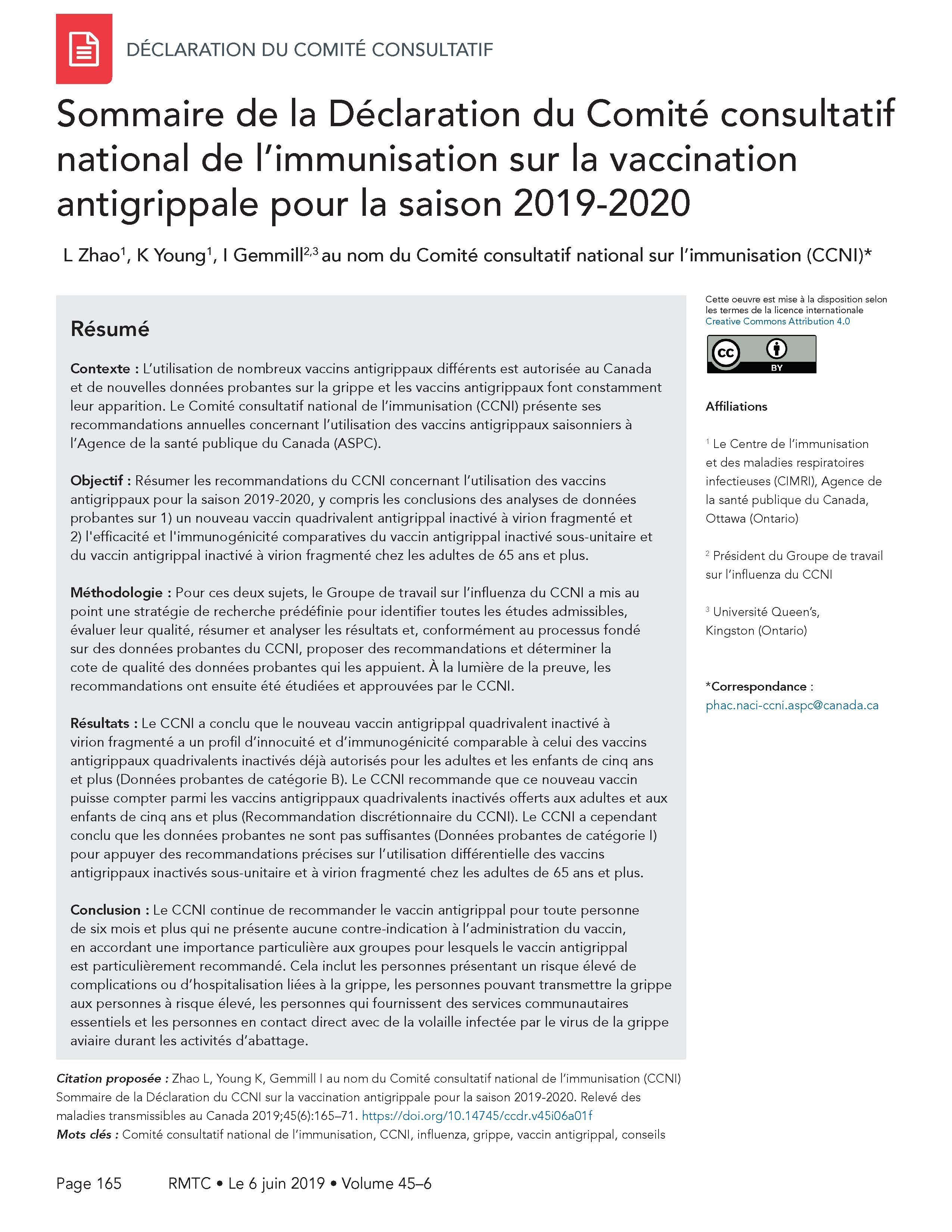 Sommaire du CCNI sur la grippe 2019–2020