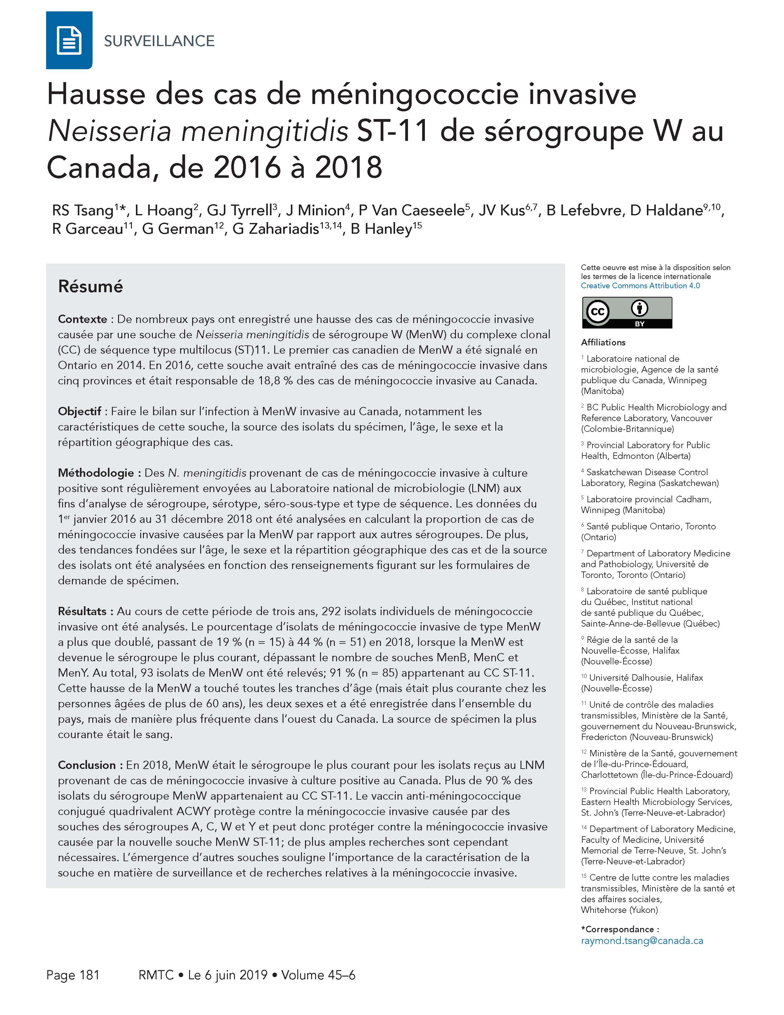 Augmentation de neisseria meningitidis du sérogroupe W, 2019