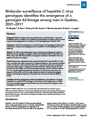 Molecular surveillance of hepatitis C virus genotypes identifies the emergence of a genotype 4d lineage among men in Quebec, 2001–2017