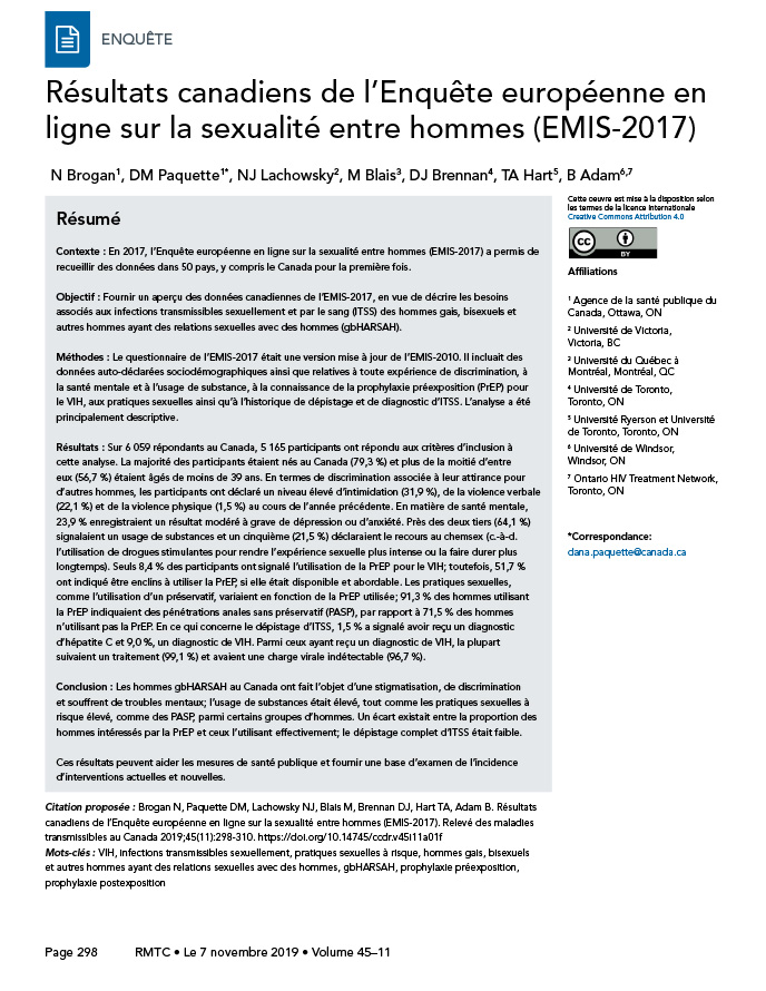 Résultats canadiens de l’Enquête européenne en ligne sur la sexualité entre hommes (EMIS-2017)