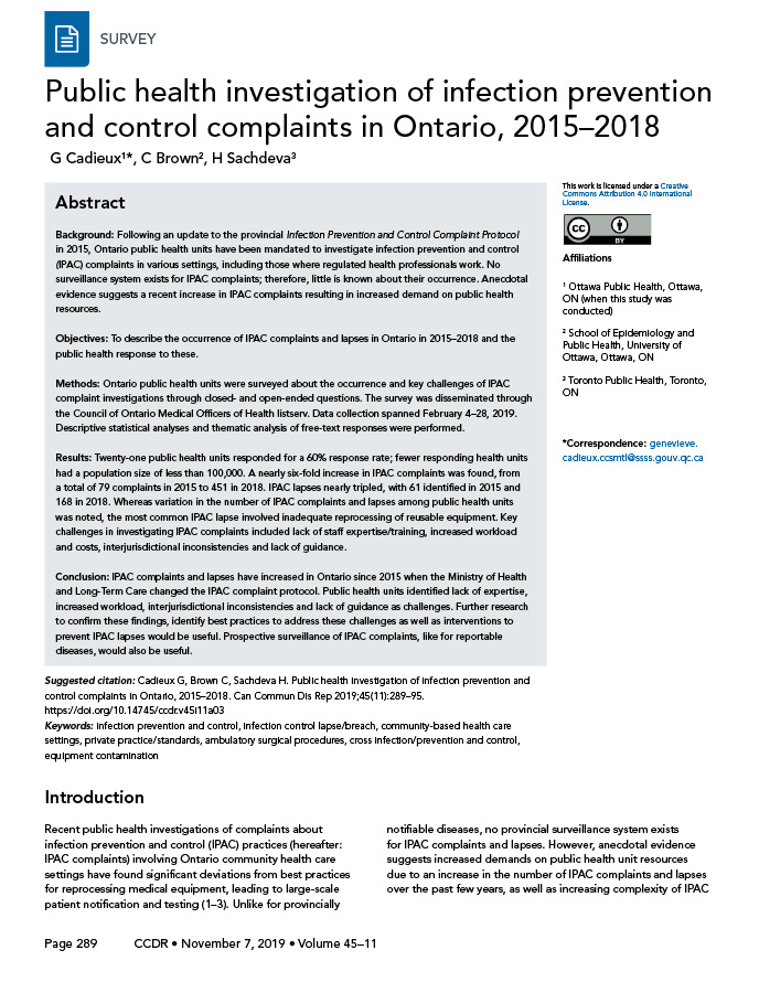 Public health investigation of infection prevention and control complaints in Ontario, 2015–2018