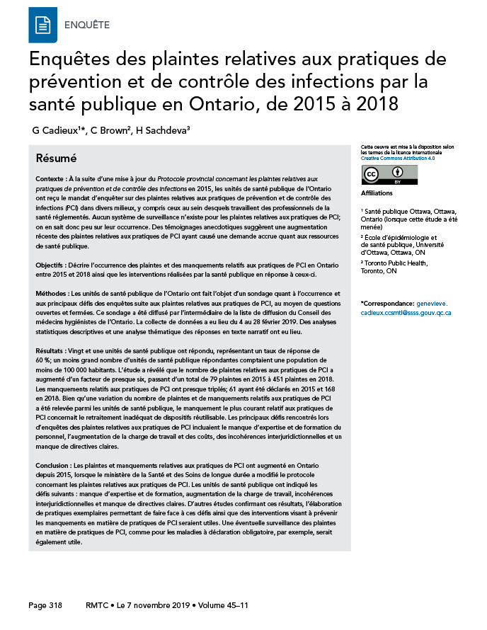 Enquête de santé publique sur les plaintes en matière de prévention et de contrôle des infections en Ontario, de 2015 à 2018