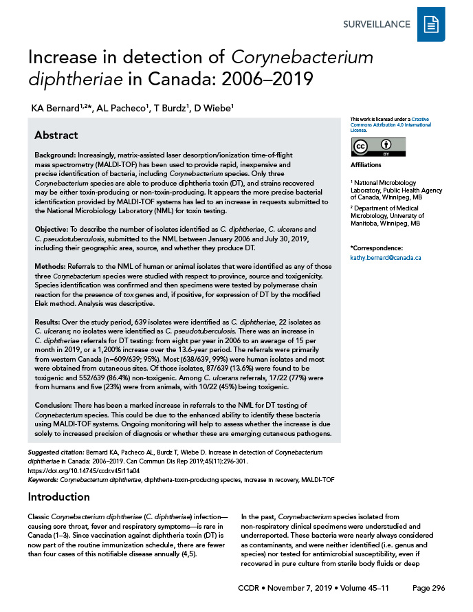 Increase in detection of Corynebacterium diphtheriae in Canada: 2006–2019
