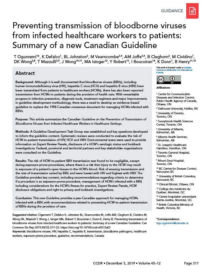 Preventing transmission of bloodborne viruses from infected healthcare workers to patients: Summary of a new Canadian Guideline
