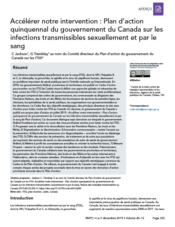 Accélérer notre intervention : Plan d’action quinquennal du gouvernement du Canada sur les infections transmissibles sexuellement et par le sang