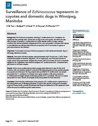 Surveillance of Echinococcus tapeworm in coyotes and domestic dogs in Winnipeg, Manitoba