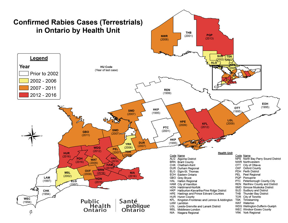 Figure 4: Last confirmed terrestrial animal rabies case by public health unit, Ontario