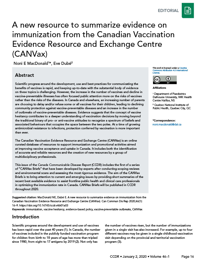 A new resource to summarize evidence on immunization from the Canadian Vaccination Evidence Resource and Exchange Centre (CANVax)