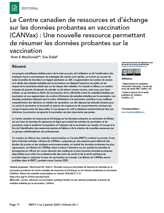 Le Centre canadien de ressources et d’échange sur les données probantes en vaccination (CANVax) : Une nouvelle ressource permettant de résumer les données probantes sur la vaccination)