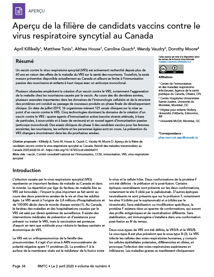 Aperçu de la filière de candidats vaccins contre le virus respiratoire syncytial au Canada