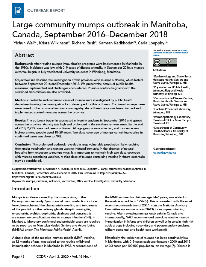 Large community mumps outbreak in Manitoba, Canada, September 2016–December 2018