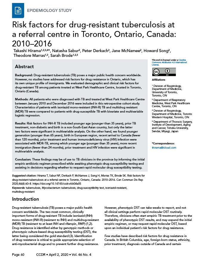 Risk factors for drug-resistant tuberculosis at a referral centre in Toronto, Ontario, Canada: 2010–2016