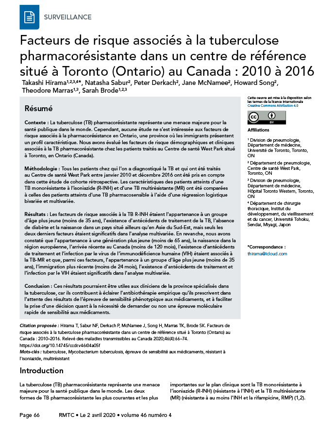 Facteurs de risque associés à la tuberculose pharmacorésistante dans un centre de référence situé à Toronto (Ontario) au Canada : 2010 à 2016