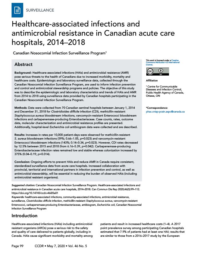 Healthcare-associated infections and antimicrobial resistance in Canadian acute care hospitals, 2014–2018